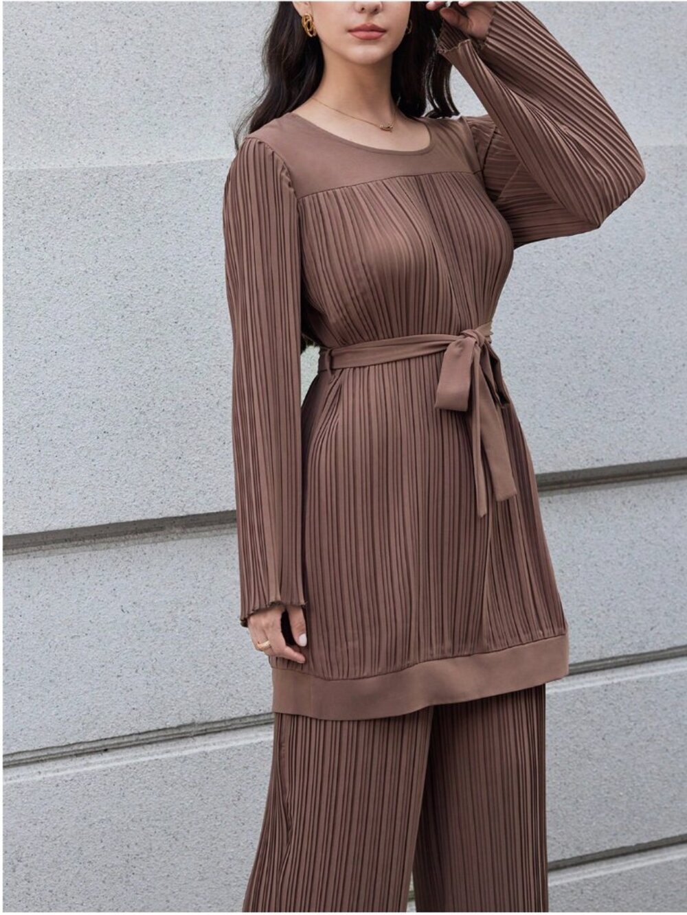 Drawstring Top And Wide Leg Pants 2pc set